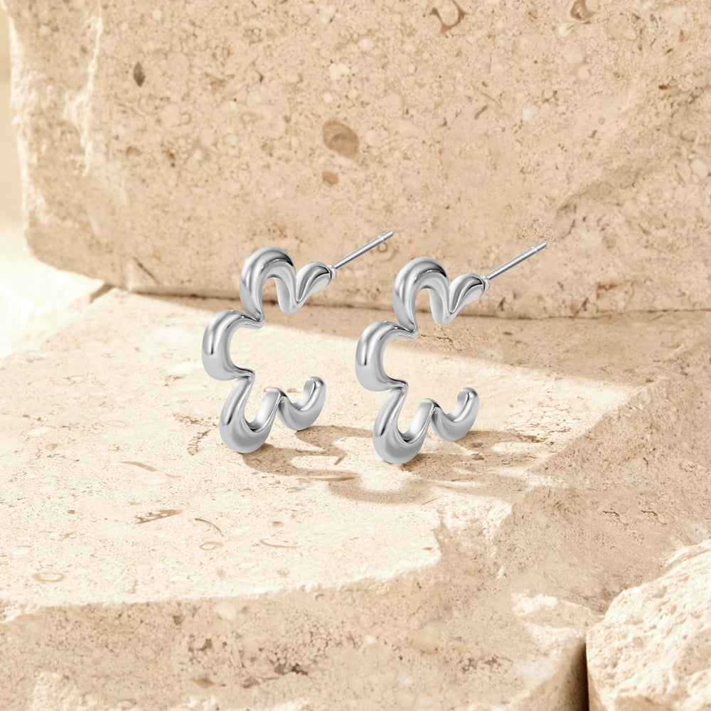 Geometric Silver Flower Hoop Earrings