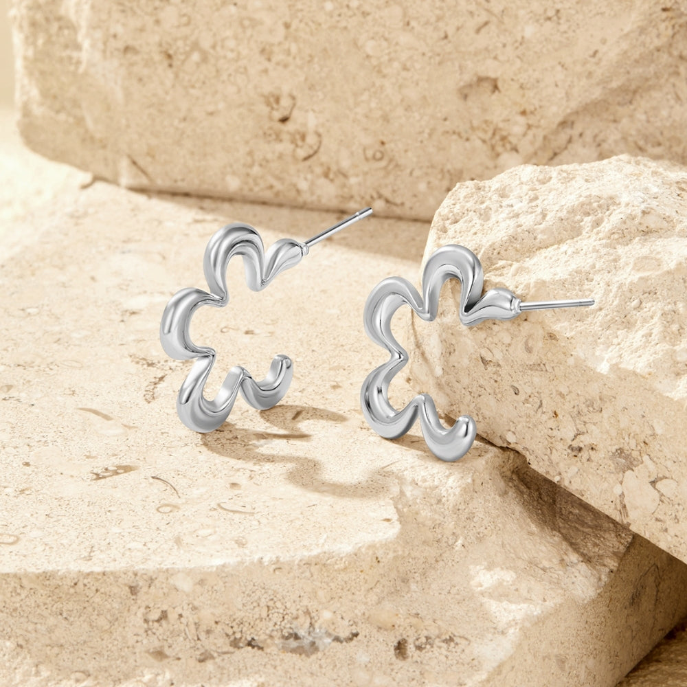 Geometric Silver Flower Hoop Earrings