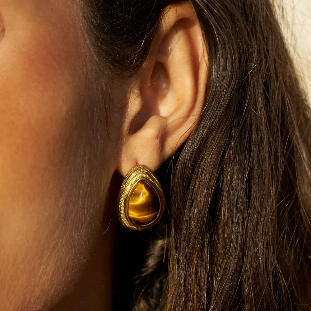Gold Tiger Eye Teardrop Earrings