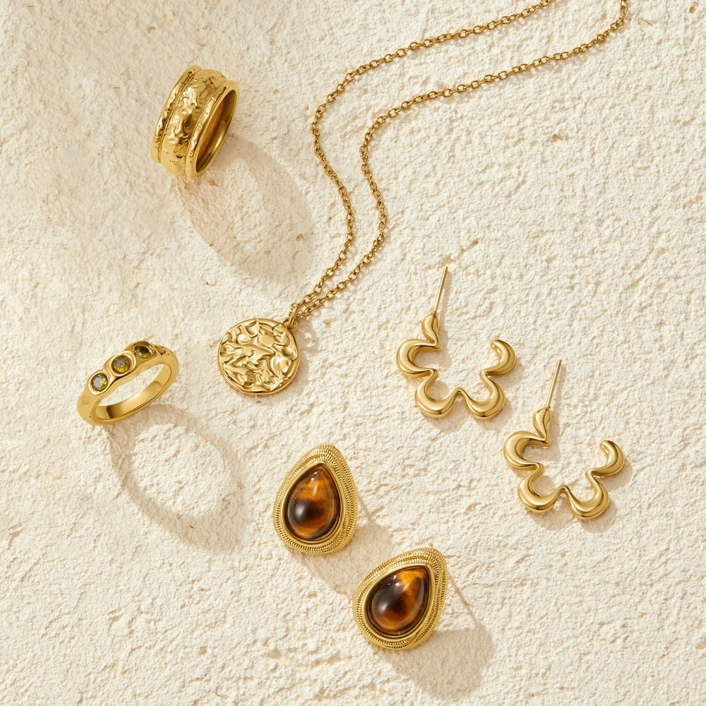 Gold Tiger Eye Teardrop Earrings