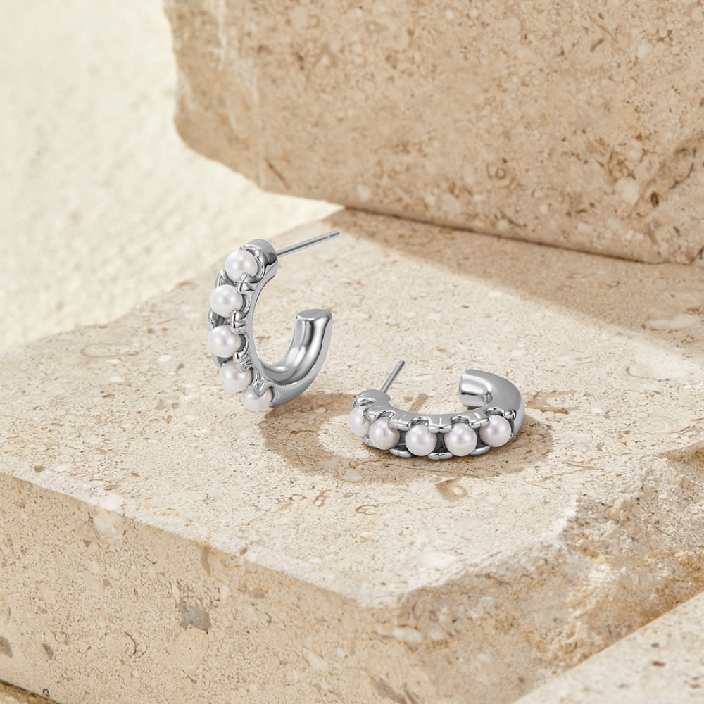 Lena Pearl Silver Hoop Earrings
