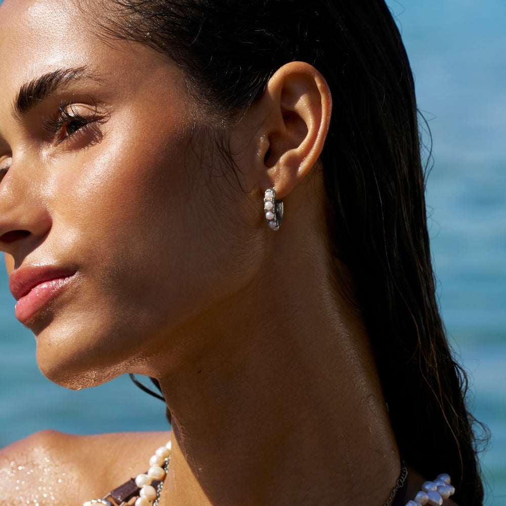 Lena Pearl Silver Hoop Earrings
