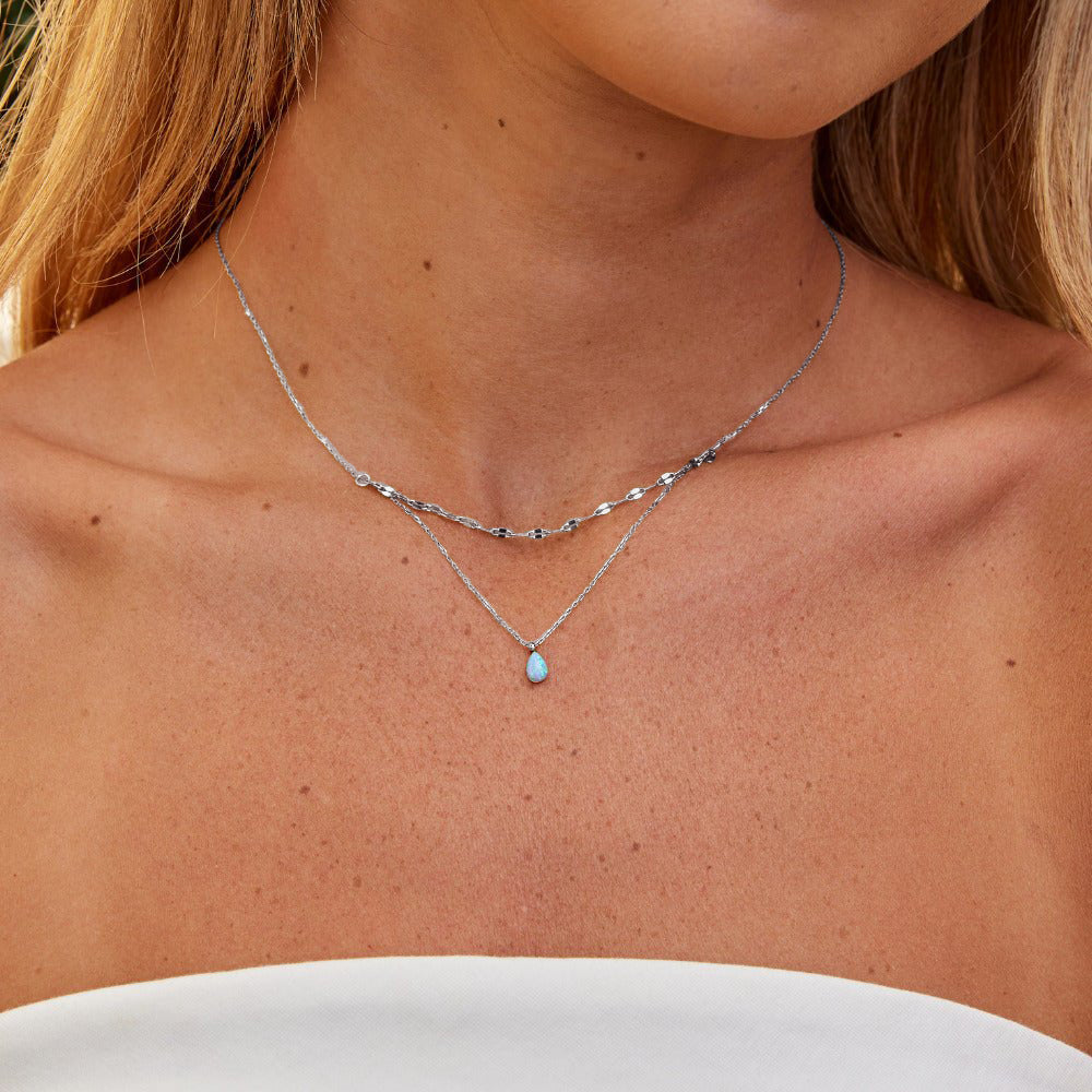 Silver Blue Opal Teardrop Layered Necklace