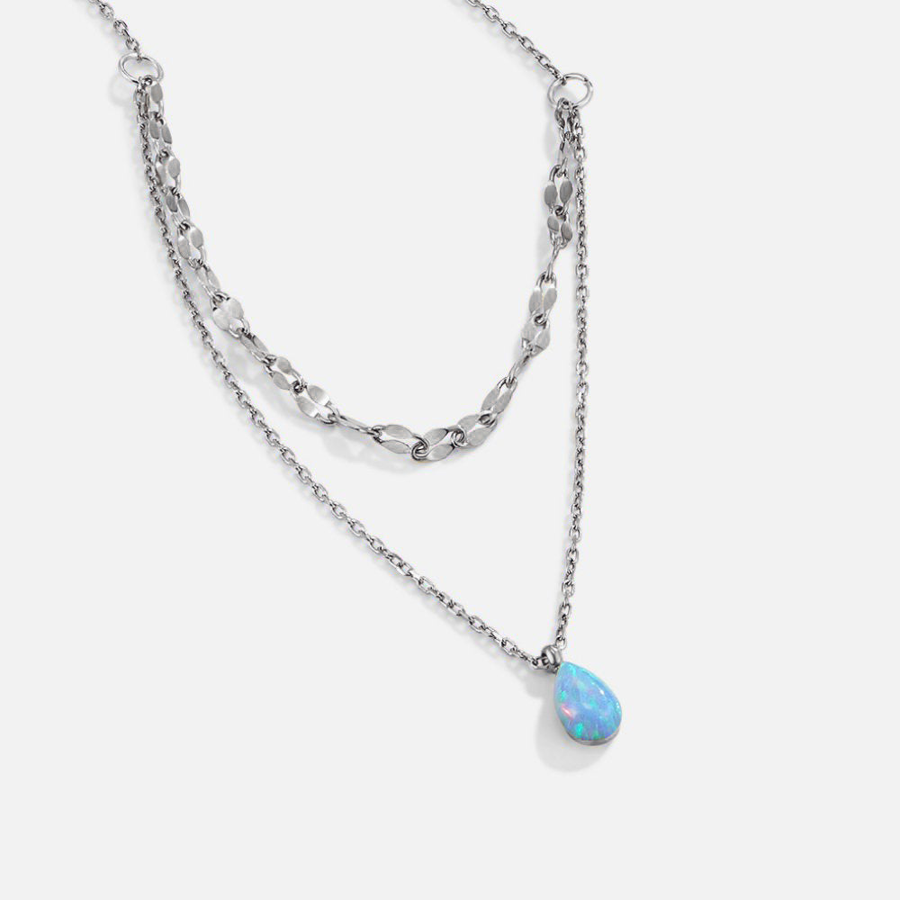 Silver Blue Opal Teardrop Layered Necklace