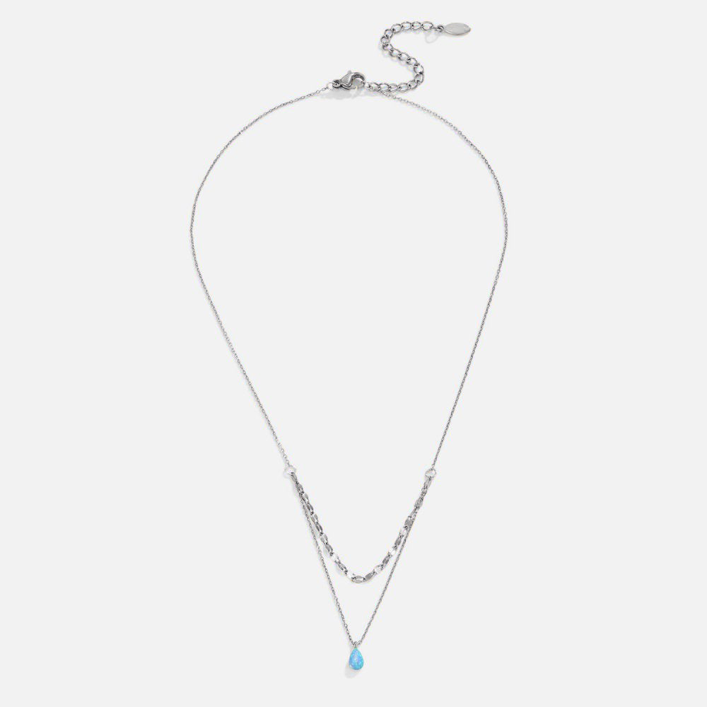 Silver Blue Opal Teardrop Layered Necklace
