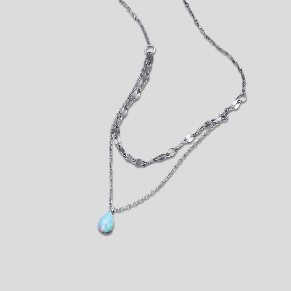 Silver Blue Opal Teardrop Layered Necklace
